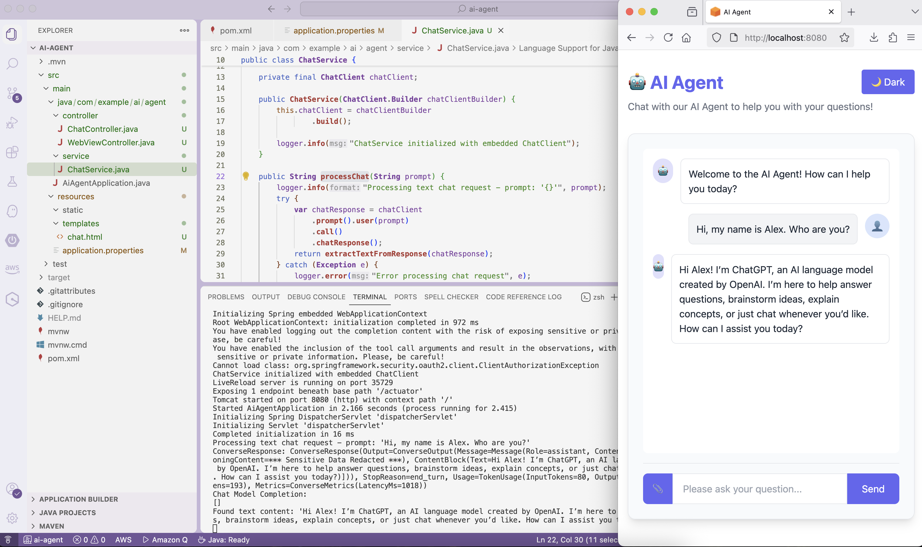 The first chat with the AI Agent
